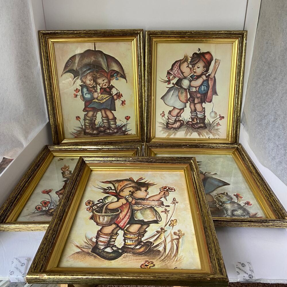 5 Framed Prints Evans Paper Print Hummel Style Children Vintage Gold Trim 10x12
